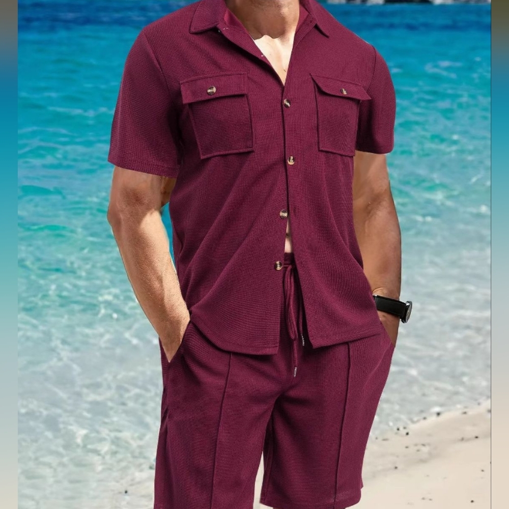 Men's Burgundy Button Down Shirt and Shorts Set